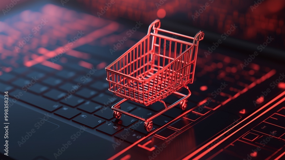 A small shopping cart sits on a laptop keyboard, symbolizing online shopping and digital commerce in a vibrant, futuristic setting. A small shopping cart sits on a laptop keyboard, symbolizing online shopping and digital commerce in a vibrant, futuristic setting.