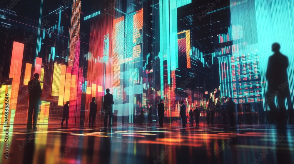 Obraz premium Vibrant stock market visualization with graphs symbolizing risks, trends, and opportunities