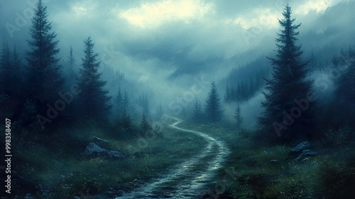 Misty Forest Path: A Serene Mountain Landscape