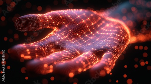 A glowing digital hand rendered in vibrant red and purple hues, surrounded by particles, representing modern digital artistry and futuristic technology concepts. photo