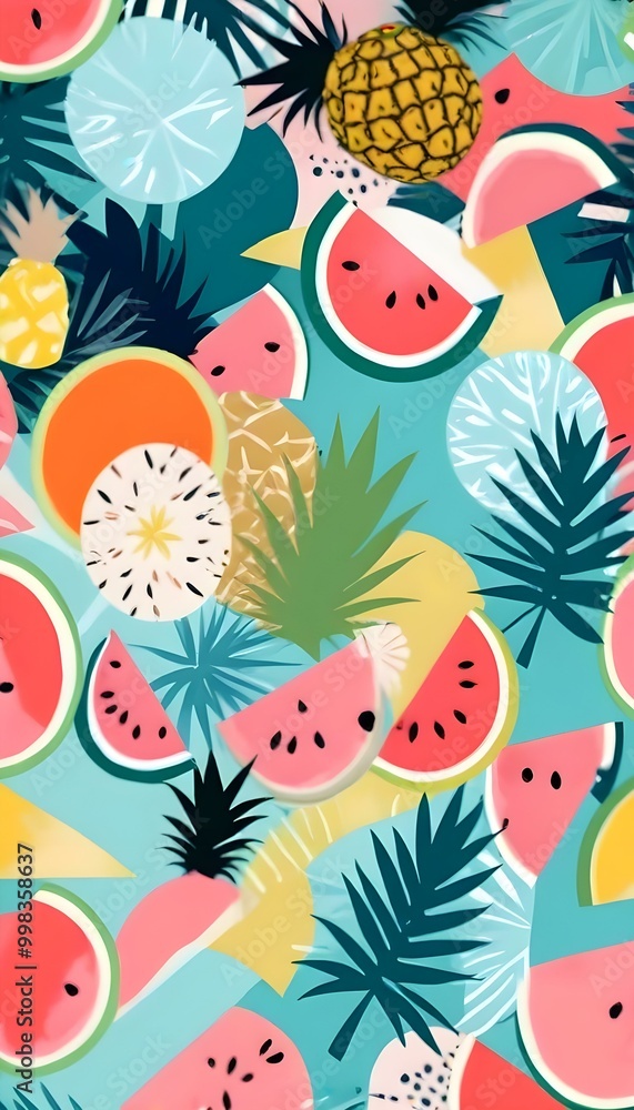 Fototapeta premium A vibrant tropical-pattern featuring watermelon