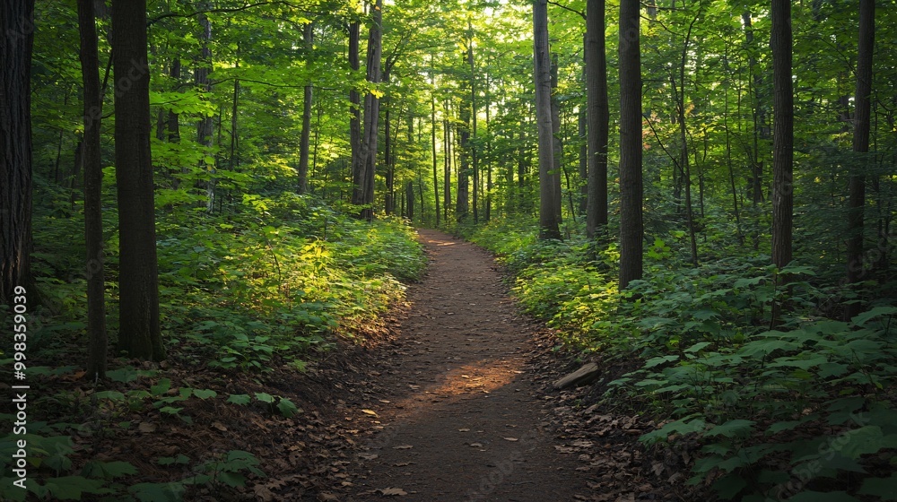 A winding forest path leads through a dense canopy of green trees, illuminated by dappled sunlight. A winding forest path leads through a dense canopy of green trees, illuminated by dappled sunlight.