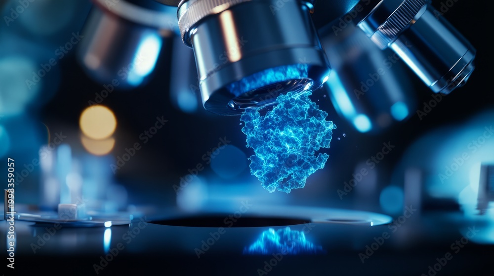 Close-Up of a Microscope Focusing on a Blue Substance Close-Up of a Microscope Focusing on a Blue Substance
