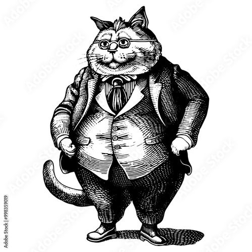 偉そうにスーツを着て立つネコの銅版画のベクターイラスト。