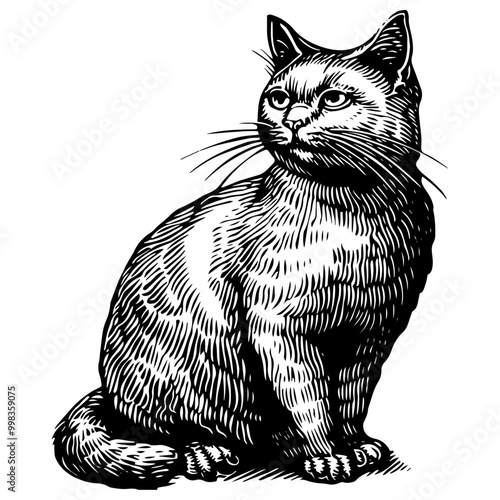 座る子猫の銅版画のベクターイラスト。