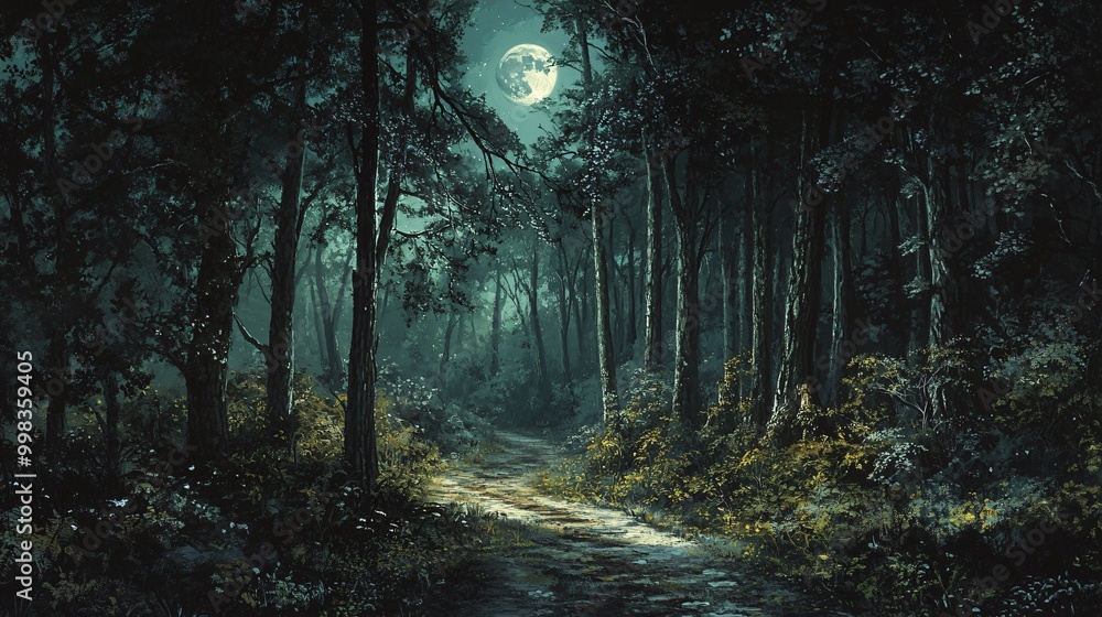 A winding path leads through a dense forest under the glow of a full moon. A winding path leads through a dense forest under the glow of a full moon.
