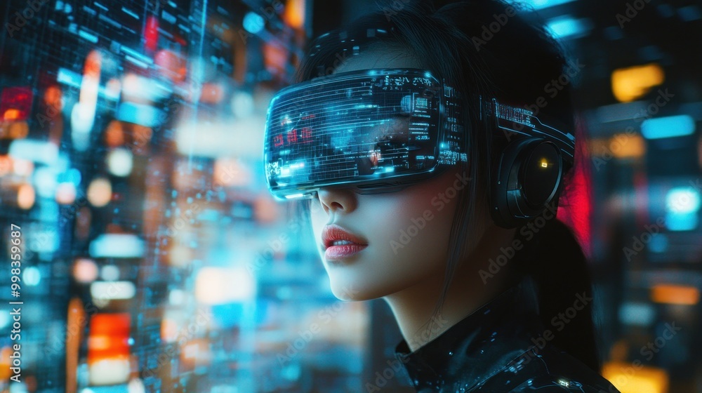 Woman in VR Headset, Immersed in a Digital World Woman in VR Headset, Immersed in a Digital World
