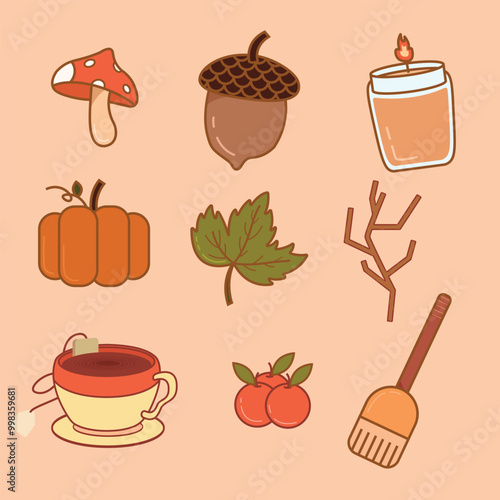 autumn  flat design set editable color, mushroom, oak, candle, pumpkin, leaf, branch, tea, cherry, broom illustration.