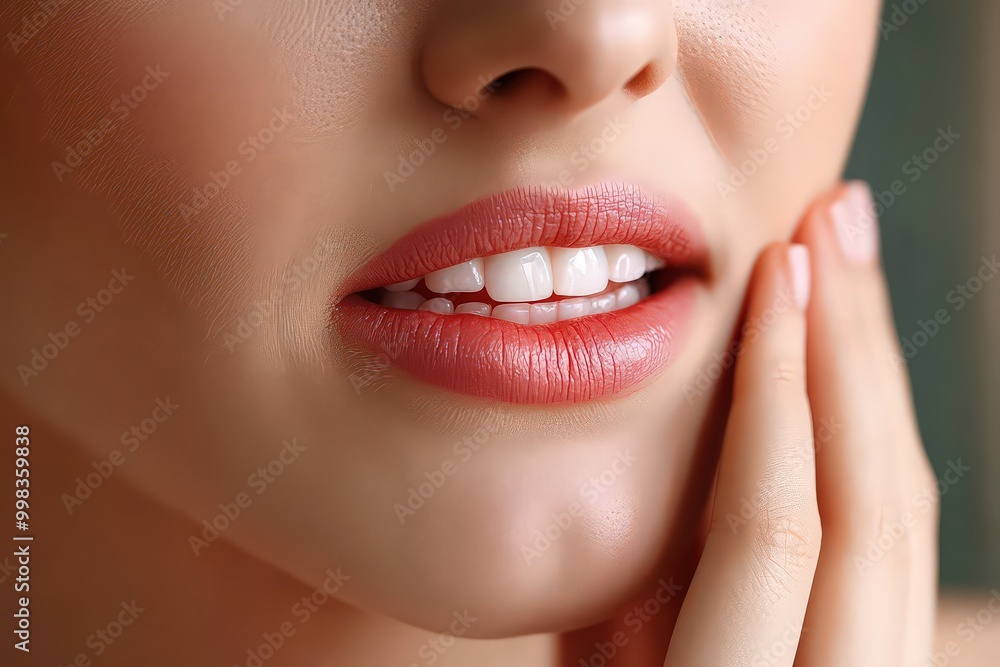 Fototapeta premium Close-up of woman gently holding her cheek, indicating mild discomfort or sensitivity in her teeth.