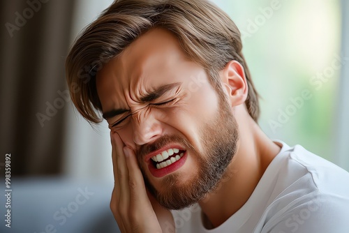  Man grimacing and holding his cheek in pain, likely experiencing toothache or severe discomfort. photo