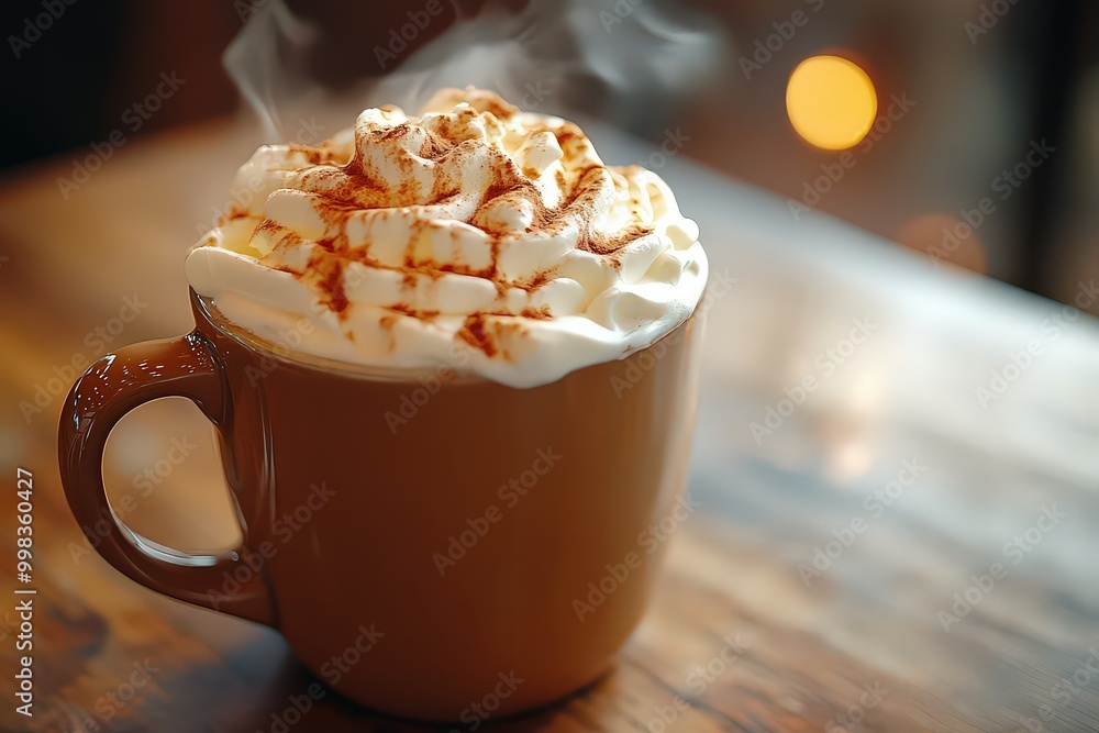 Steaming cup of hot cocoa topped with whipped cream and cinnamon, perfect for a cozy moment. Steaming cup of hot cocoa topped with whipped cream and cinnamon, perfect for a cozy moment.