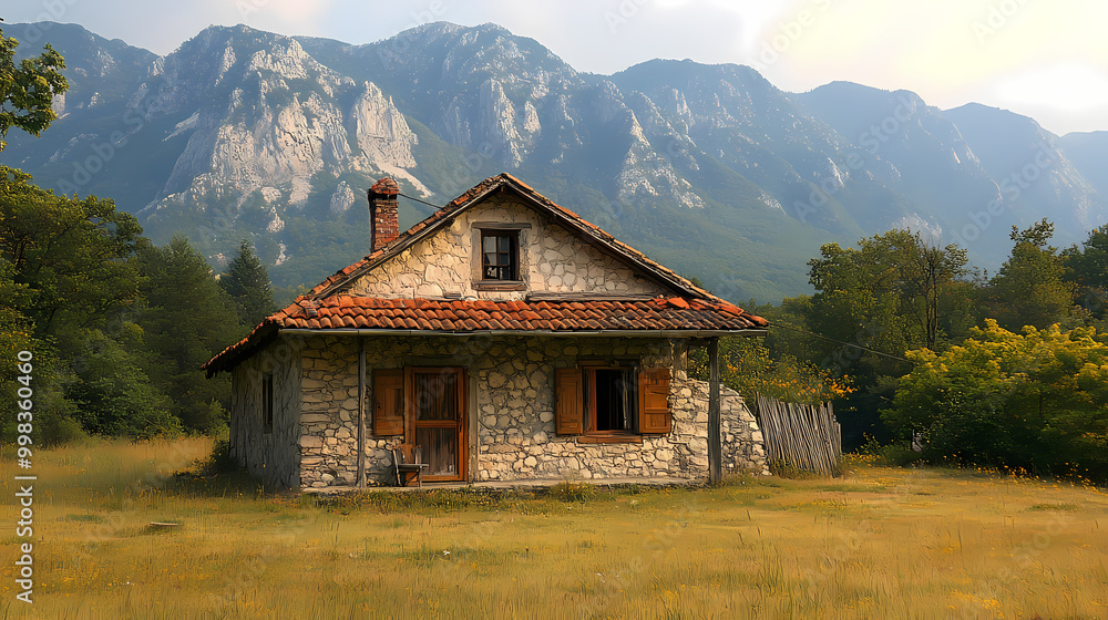 Obraz premium An old house in natural view.big mountain.An isolated mountain hut in the foggy forest.