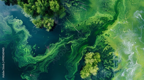 Aerial View of Lush Swirling Green Waterscape With Flowing Currents and Reflective Surface