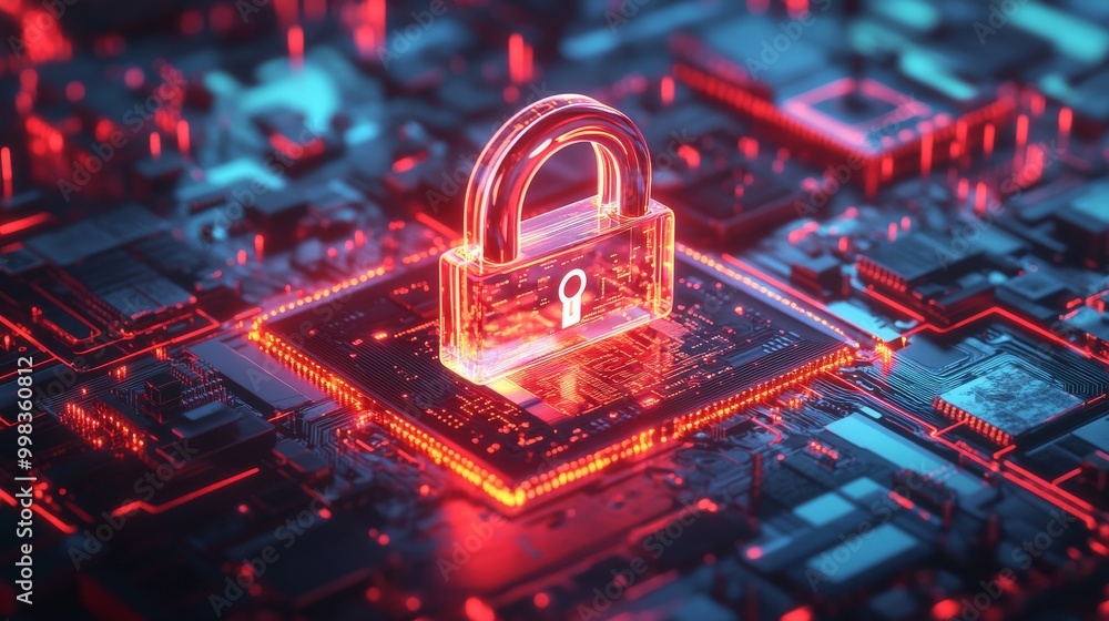 Cyber Security Encryption: Glowing Lock Over Pulsing Circuit Board Cyber Security Encryption: Glowing Lock Over Pulsing Circuit Board