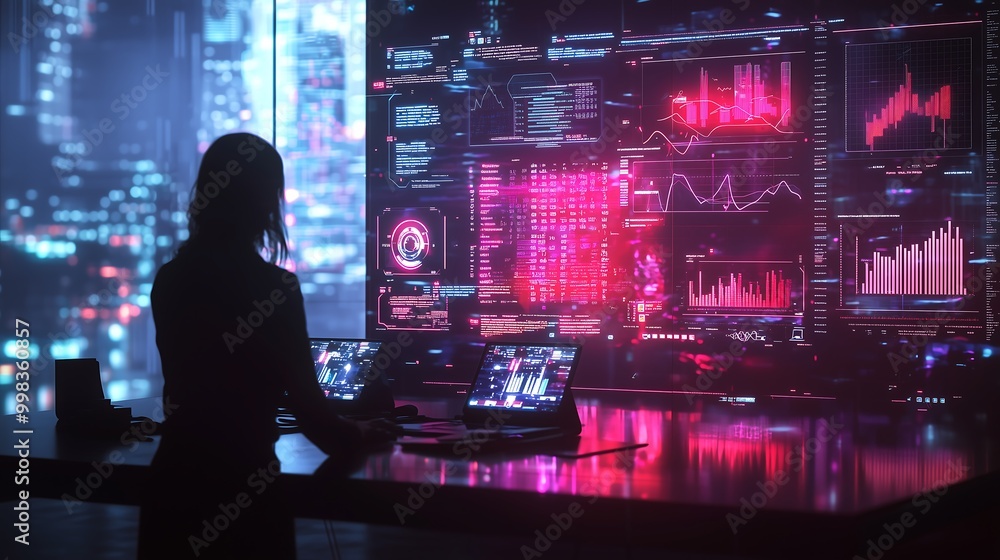 A silhouetted figure analyzes futuristic data on screens displaying vibrant graphs and digital graphics in a high-tech environment. A silhouetted figure analyzes futuristic data on screens displaying vibrant graphs and digital graphics in a high-tech environment.