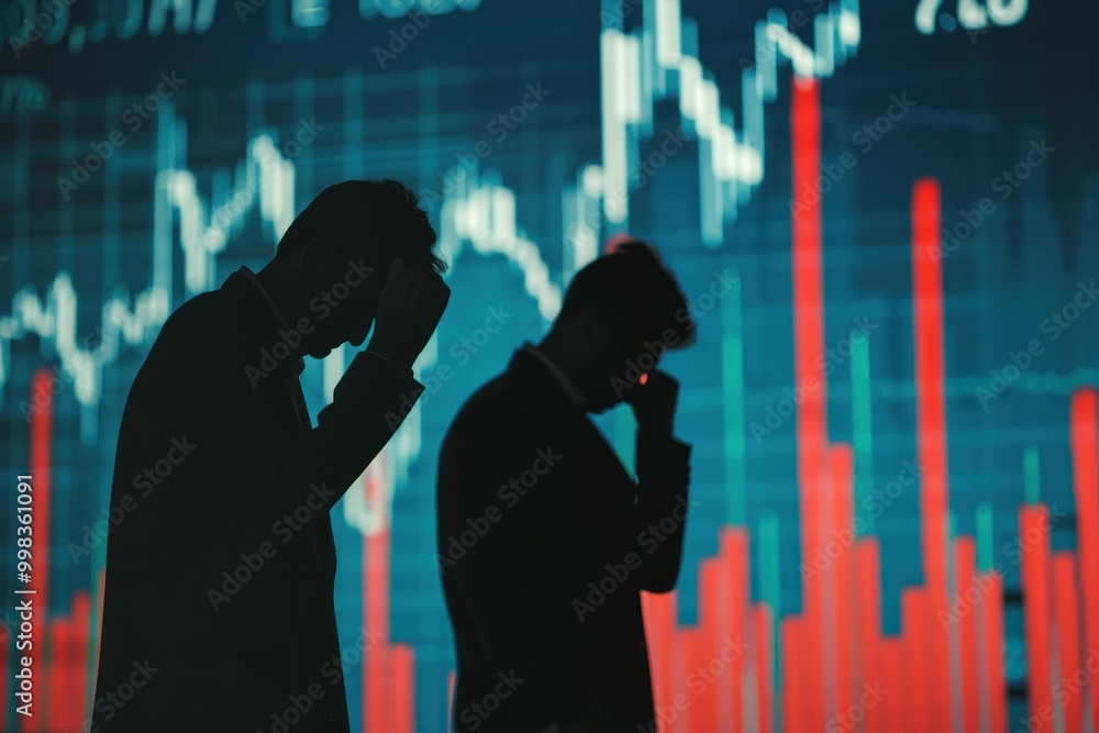 Silhouettes of worried businessmen with declining stock charts in the background. Market crash and economic downturn concept. Silhouettes of worried businessmen with declining stock charts in the background. Market crash and economic downturn concept.