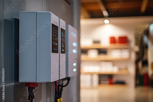 Modern power inverters mounted on a wall, highlighting advanced energy solutions for efficient and sustainable electricity management. photo