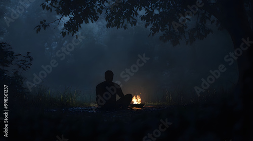 Man by a small campfire in foggy New England woods, eerie atmosphere, shadows surround him, warm light contrasts with dark surroundings.