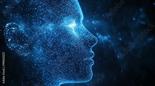 A detailed blue wireframe illustration of a human head, highlighted with intricate glowing light points, symbolizing advanced human-computer interfacing. Great for innovation themes.