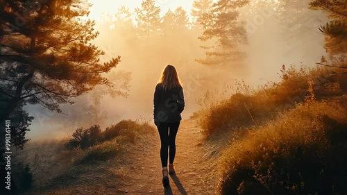 A woman walks on a path through a misty forest at sunrise