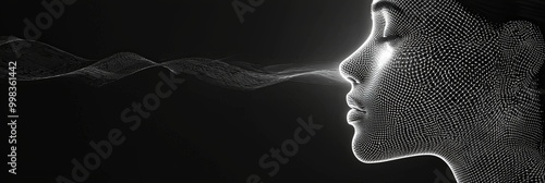 This image features the monochrome side profile of an abstract digital face constructed with fine points, representing a blend of digital artistry and human elements.