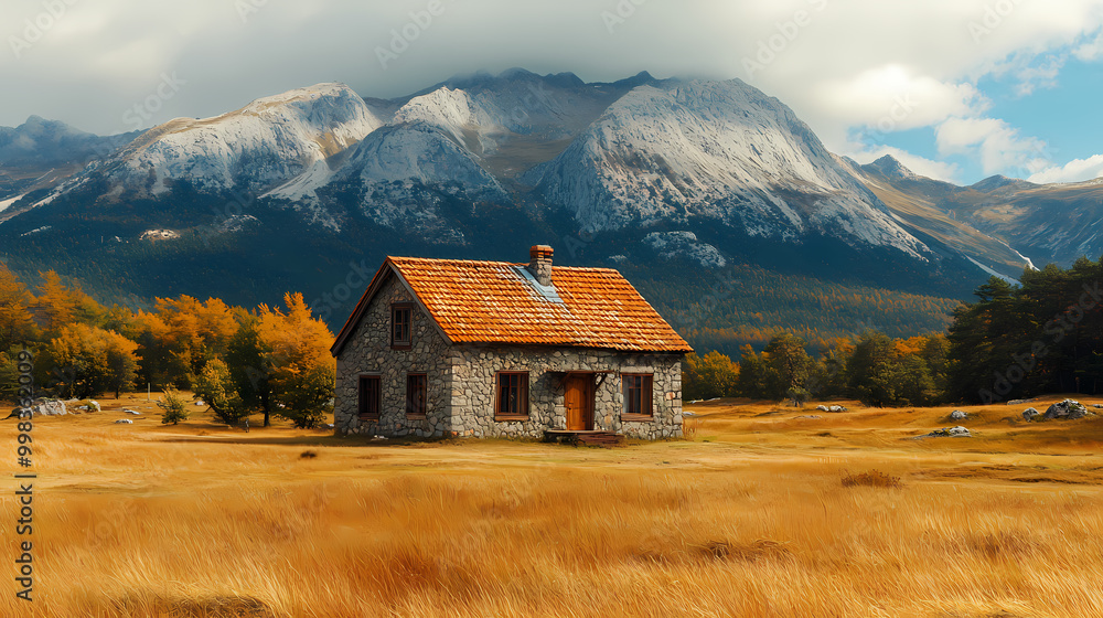 An old house in natural view.big mountain.An isolated mountain hut in the foggy forest. An old house in natural view.big mountain.An isolated mountain hut in the foggy forest.