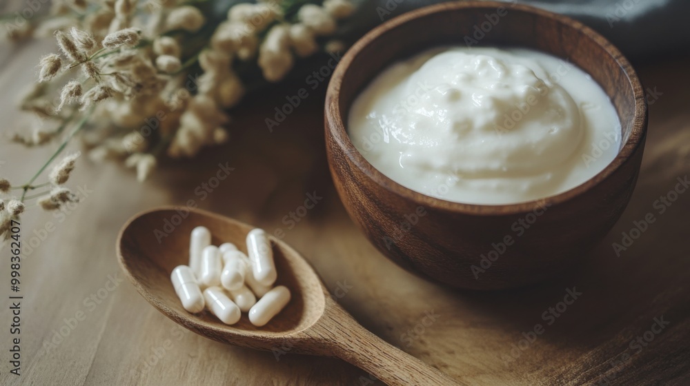Probiotic Capsules Resting on a Wooden Spoon for Health and Wellness Promotion Probiotic Capsules Resting on a Wooden Spoon for Health and Wellness Promotion
