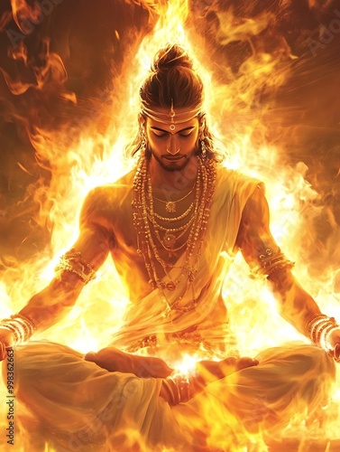 A Man Sitting In A Blaze of Fire, Meditating.