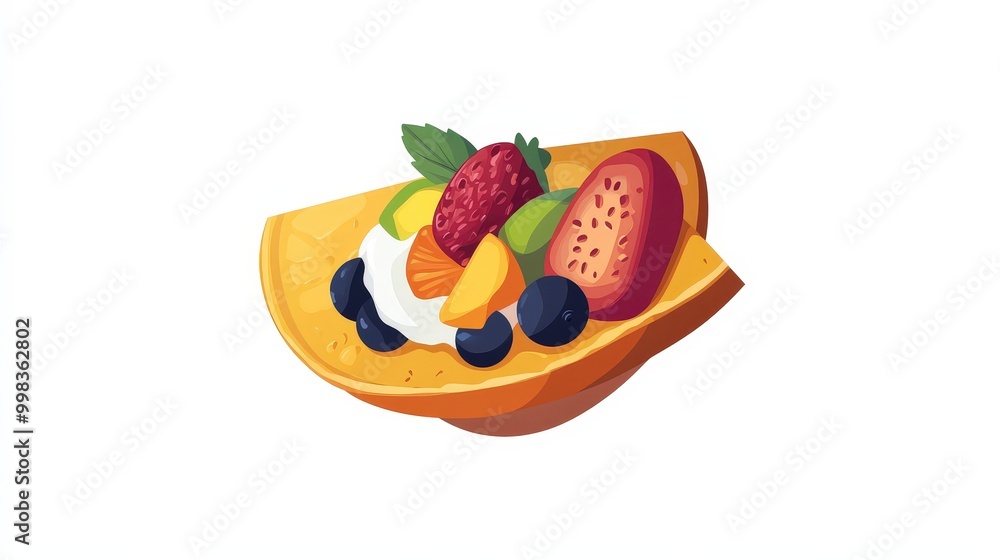 Japanese crepe logo with a bright, colorful crepe filled with fruits and cream. Japanese crepe logo with a bright, colorful crepe filled with fruits and cream.