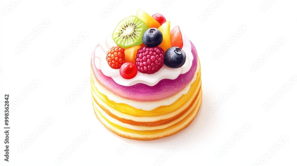 Japanese crepe logo with a colorful, layered crepe adorned with an assortment of bright fruit and sweet toppings. Japanese crepe logo with a colorful, layered crepe adorned with an assortment of bright fruit and sweet toppings.