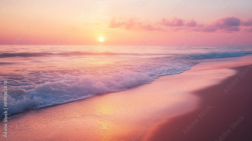 Fototapeta premium Sunset paints the sky in hues of gold and rose, casting its glow upon the tranquil sea. The gentle waves caress the sandy shore, reflecting the vibrant colors above. Soft sands stretch endlessly