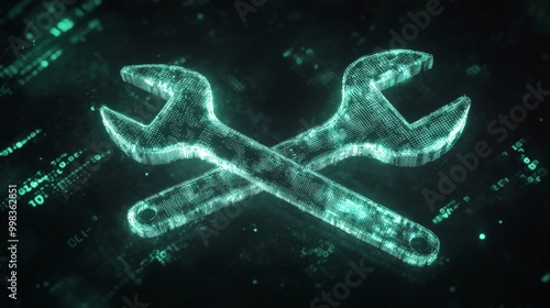 Crossed Digital Wrenches Made of Neon Light Representing Cyber Sabotage