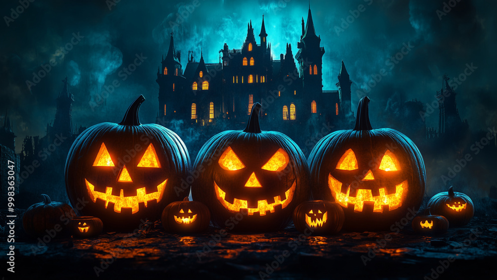 Glowing Jack o Lanterns set against a haunted castle Glowing Jack o Lanterns set against a haunted castle