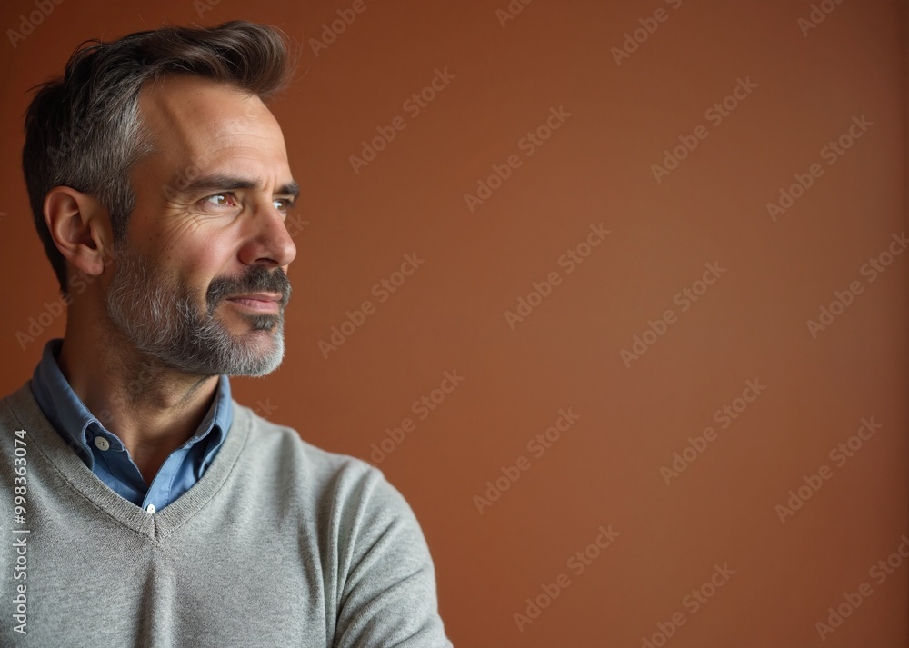 Obraz premium Mature Man with Thoughtful Expression Looking Away Against Brown Background with Copy Space