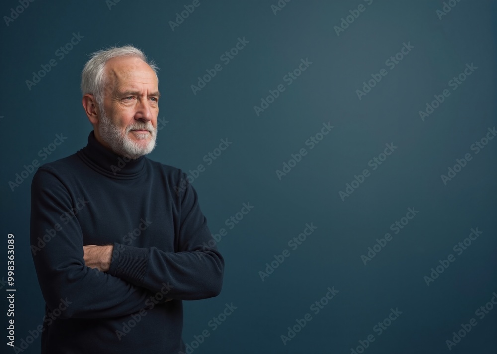 Senior man with thoughtful expression looking away against teal background with copy space Senior man with thoughtful expression looking away against teal background with copy space