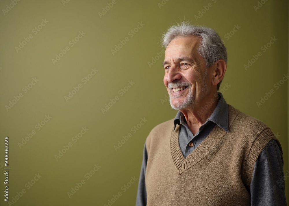 Senior Man with Cheerful Smile Expressing Joy Against Green Background with Copy Space Senior Man with Cheerful Smile Expressing Joy Against Green Background with Copy Space