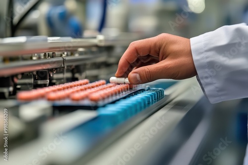 A hand places a capsule on a production line in a pharmaceutical setting.