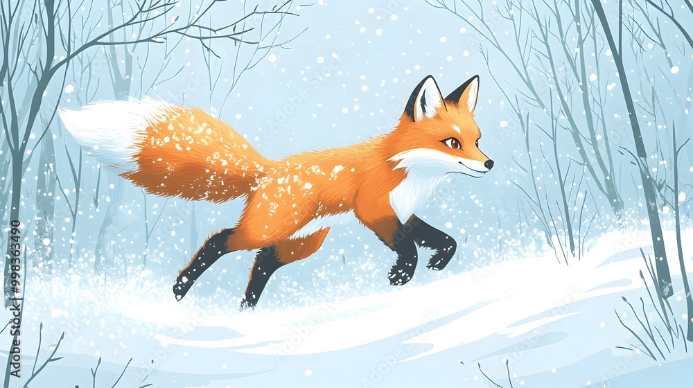 Obraz premium Stylized Fox Dashing Through a Snowy Forest Landscape During a Blizzard