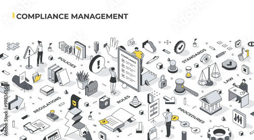Compliance management isometric illustration showing governance, law, policies, procedures, standards, and rules. It reflects structured approach  to meet legal and regulatory requirements