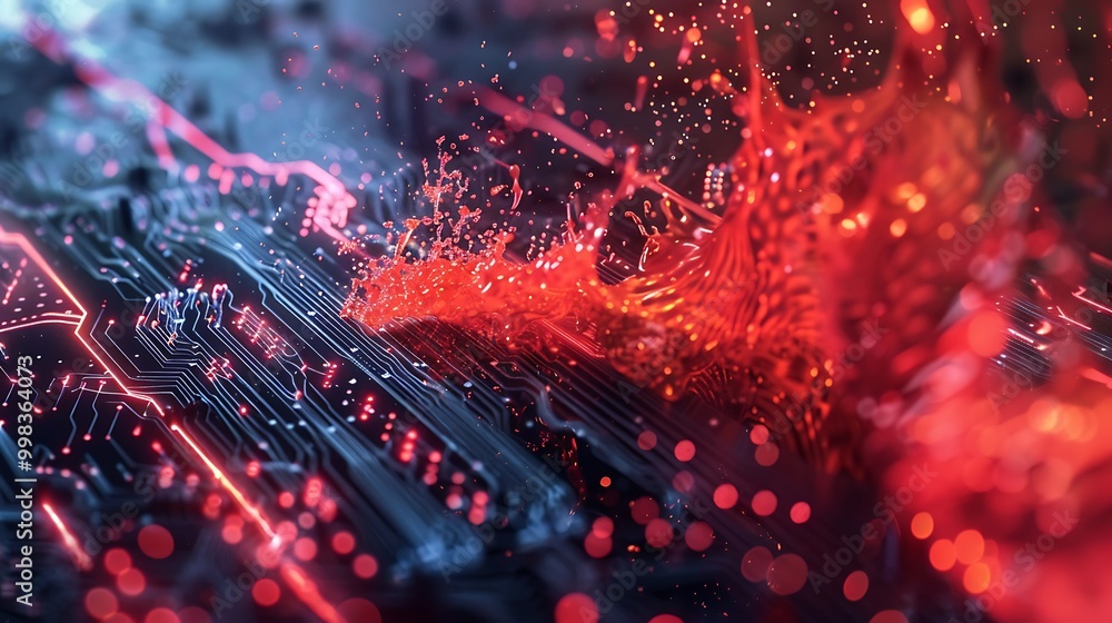 Cyber attack represented by a red wave crashing into a digital fortress Cyber attack represented by a red wave crashing into a digital fortress
