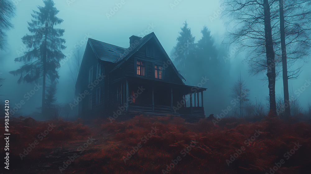 Obraz premium An old house in natural view.big mountain.An isolated mountain hut in the foggy forest.