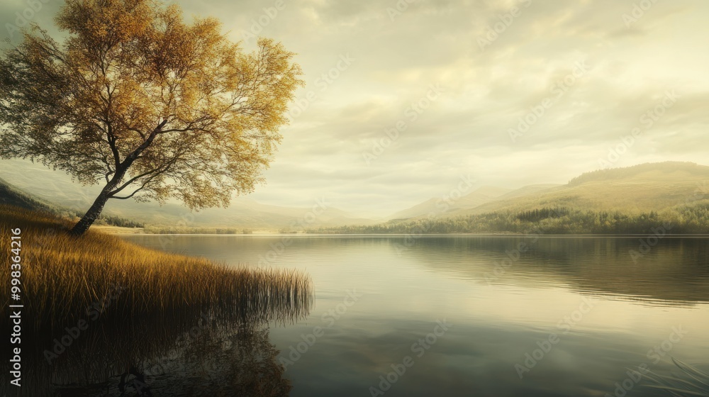Solitary Birch Tree by a Serene Lake with Foggy Mountains in the Distance Solitary Birch Tree by a Serene Lake with Foggy Mountains in the Distance
