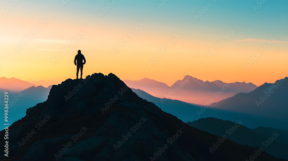 Mountain silhouette at sunset, a lone figure atop a peak, vibrant colors fill the sky, evoking a sense of adventure and solitude Mountain silhouette at sunset, a lone figure atop a peak, vibrant colors fill the sky, evoking a sense of adventure and solitude