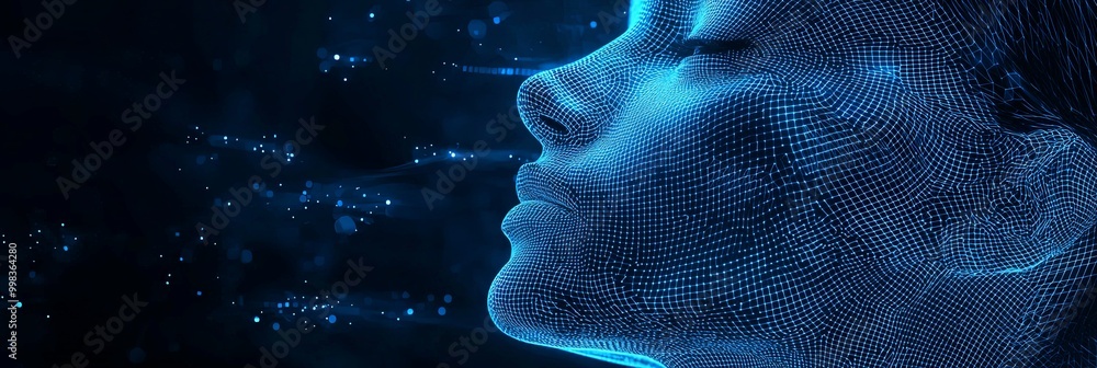 A serene, modern image of a face profile in blue and black with illuminated particles, representing technology and the digital connection of human elements. A serene, modern image of a face profile in blue and black with illuminated particles, representing technology and the digital connection of human elements.