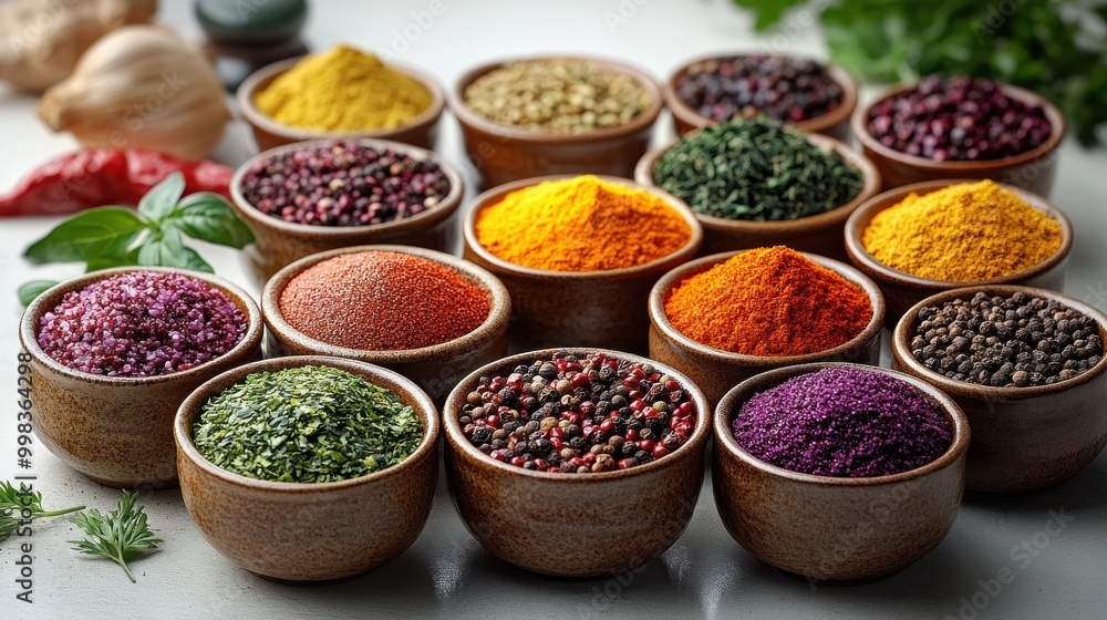 A vibrant display of various spices in wooden bowls. A vibrant display of various spices in wooden bowls.