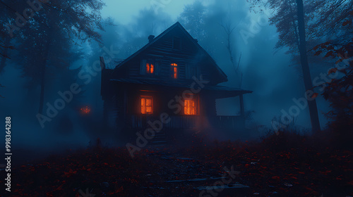 An old house in natural view.big mountain.An isolated mountain hut in the foggy forest.