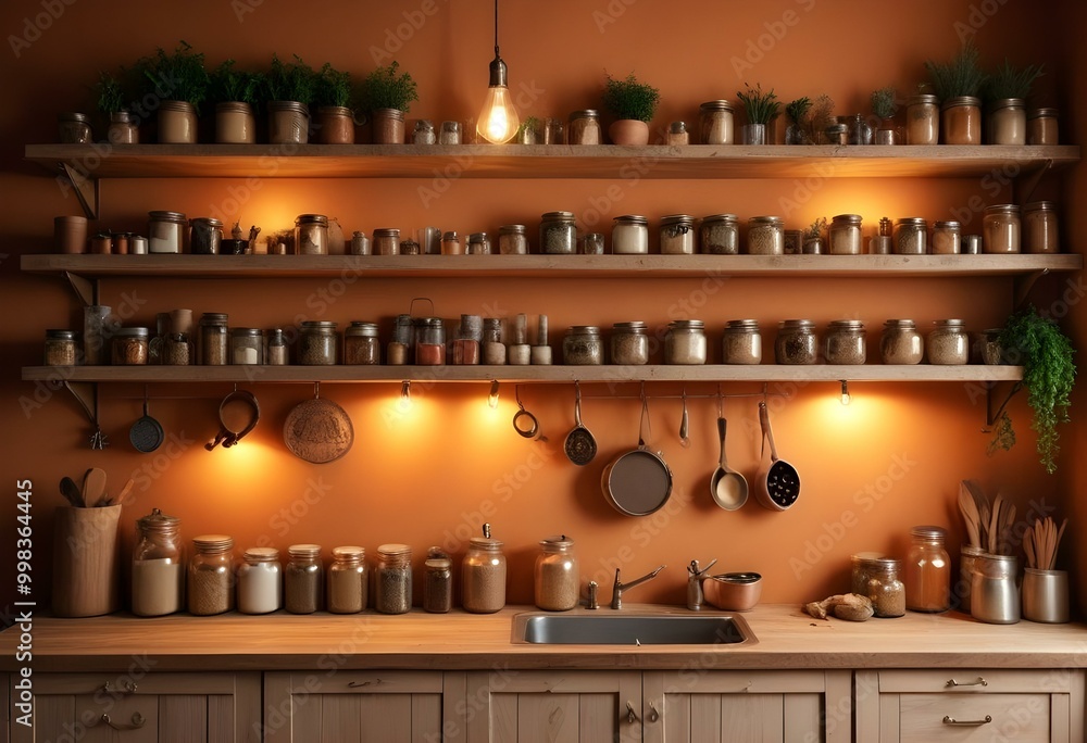 A cozy and rustic kitchen interior with wooden shelves, various cooking utensils and dishes, and a warm lighting setup A cozy and rustic kitchen interior with wooden shelves, various cooking utensils and dishes, and a warm lighting setup