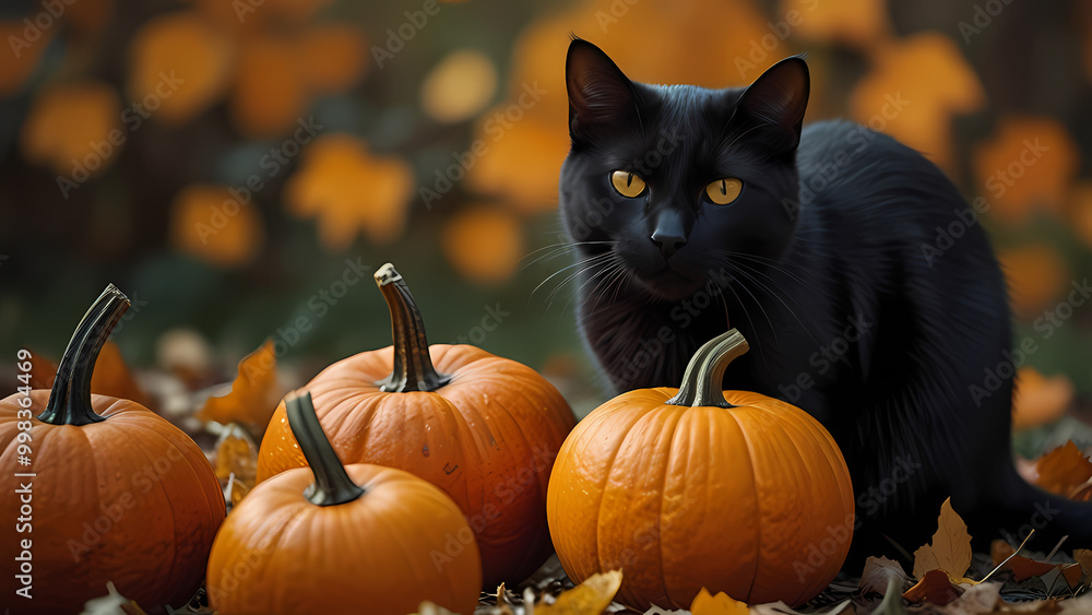 Black cat interacting with a pumpkin for Halloween Event Black cat interacting with a pumpkin for Halloween Event