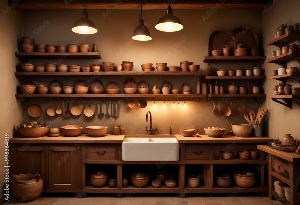 A cozy and rustic kitchen interior with wooden shelves, various cooking utensils and dishes, and a warm lighting setup A cozy and rustic kitchen interior with wooden shelves, various cooking utensils and dishes, and a warm lighting setup