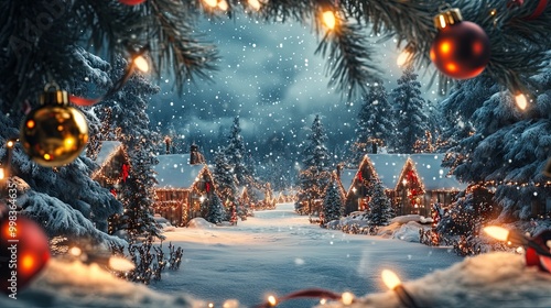 Peaceful winter village scene with snow-covered landscape and festive holiday lights..